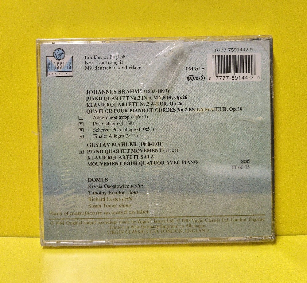 Brahms / Mahler, Domus - Klavierquartett Nr. 2 A-Dur Op. 26 = Piano Quartet No.B2 In A Major / Klavierquartett Satz = Piano Quartet Movement - 1988 - PM 518/0777 7 59144 2 9 - New - Sealed - CDs - UK Import