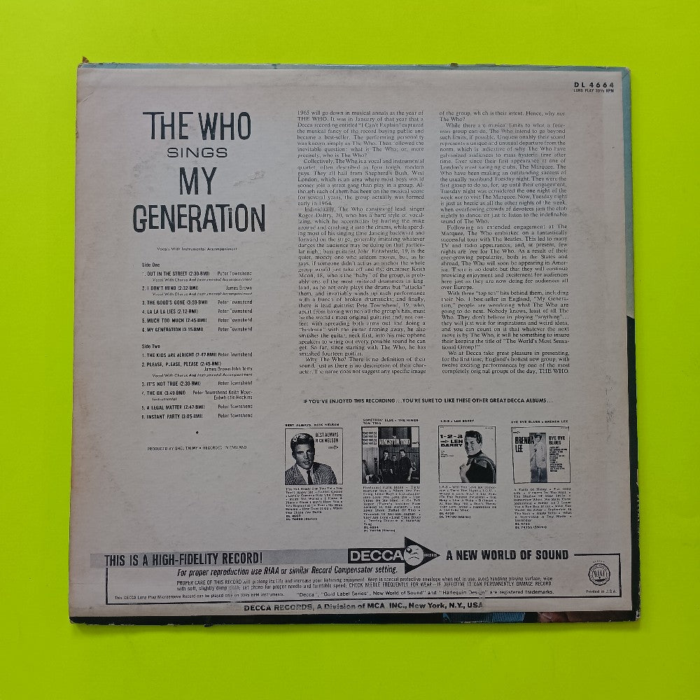 The Who - Sings My Generation MONO - 1966 - DL 4664 - Used - VG++ - Vinyl