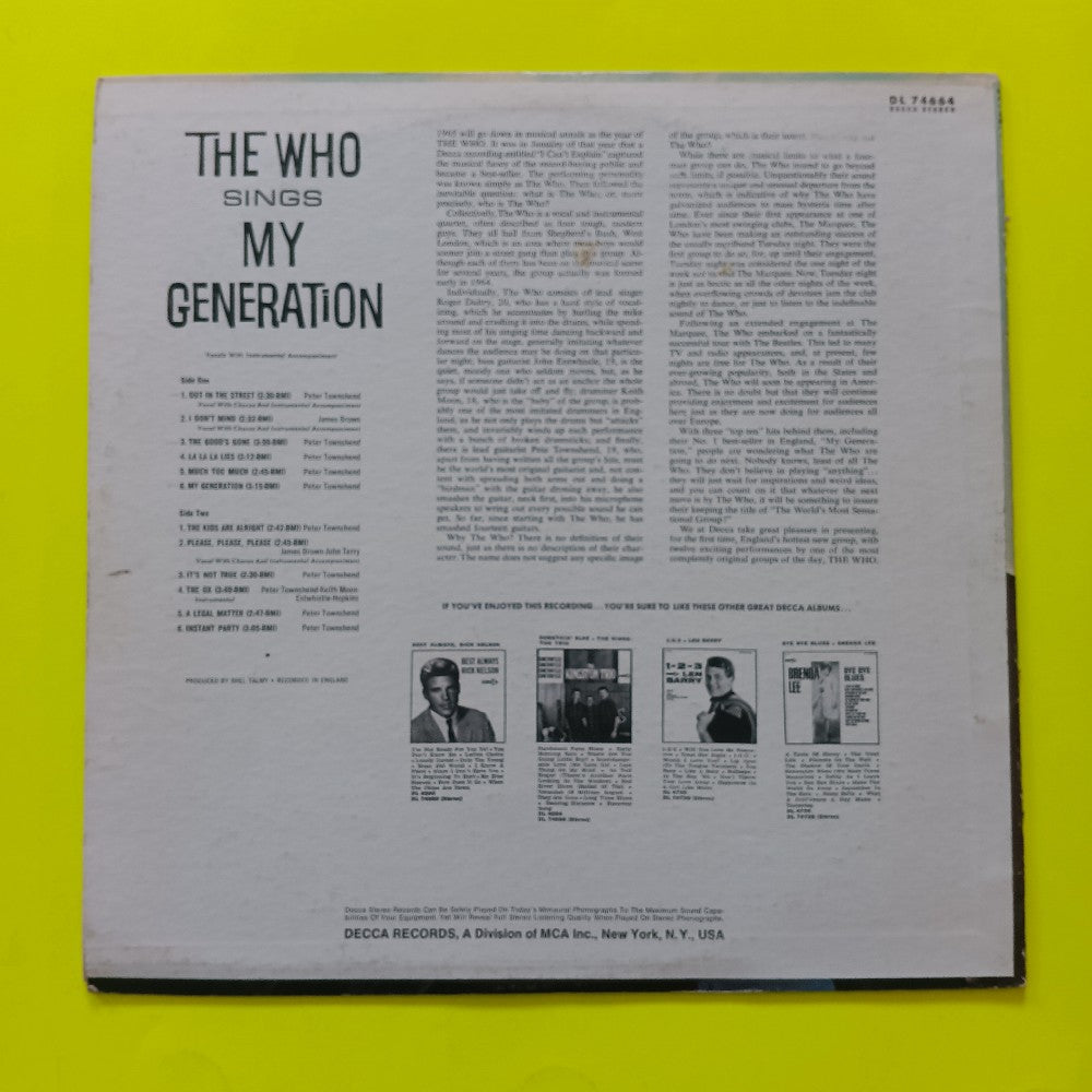 The Who - Sings My Generation - 1967 - DL 74664 - Used - VG++ - Vinyl