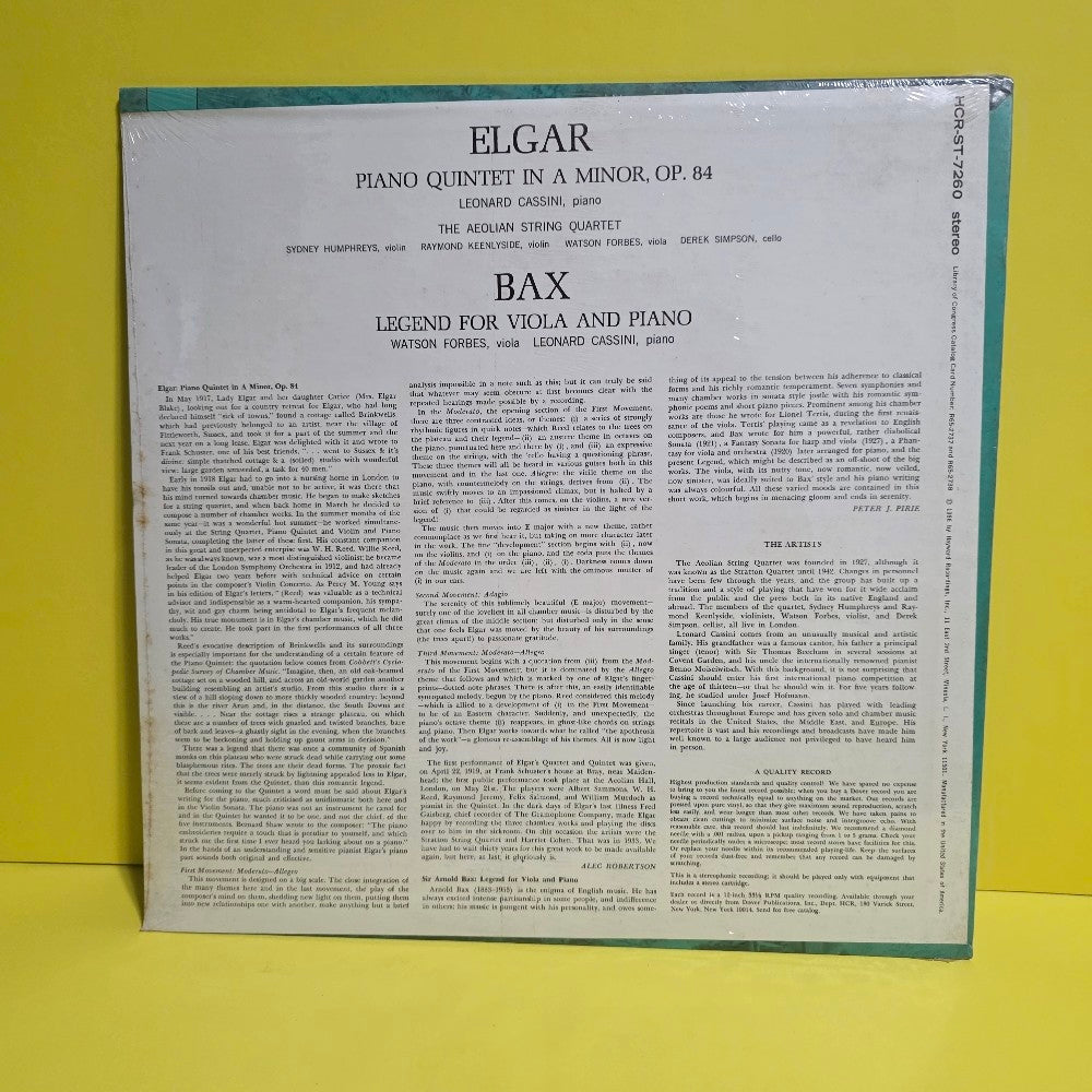 Edgar / Bax - Piano Quintet In A Minor, Op. 84 / Legend For Viola And Piano  - 1966 - HCR-ST-7260 - New - Sealed - Vinyl