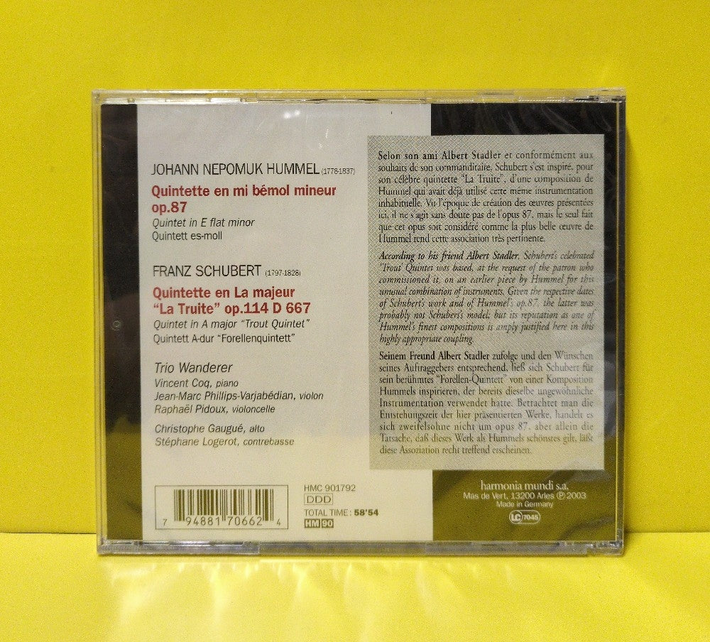 Franz Schubert, Trio Wanderer, Christophe Gaugué, Stéphane Logerot, Hummel - Forellenquintett Op.114 - 2003 - HMC 901792 - New - Sealed - CDs - European Import