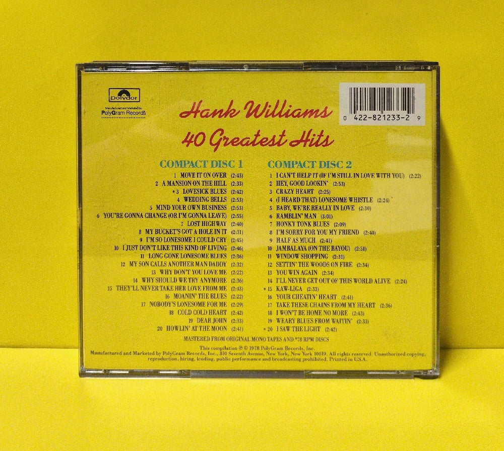 Hank Williams - 40 Greatest Hits - 821 233-2 - Used - EX - CDs - 2xCD - Reissue