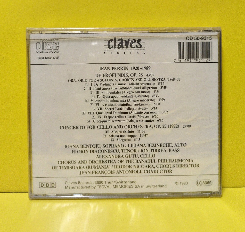 Jean Perrin, Alexandra Gutu, Timisoara Philharmonic & Choir, Antonioli - De Profundis / Cello Concerto - 1993 - CD 50-9315 - New - Sealed - CDs - Switzerland Import