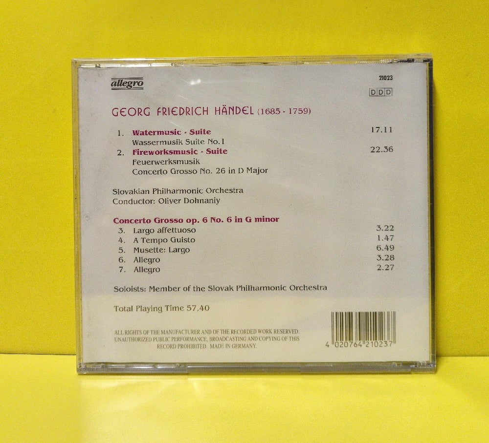 Georg F. Händel, Slovakian Philharmonic Orchestra, Oliver Dohnaniy - Water Music • Fireworks Music - 21023 - New - Sealed - CDs - Germany Import