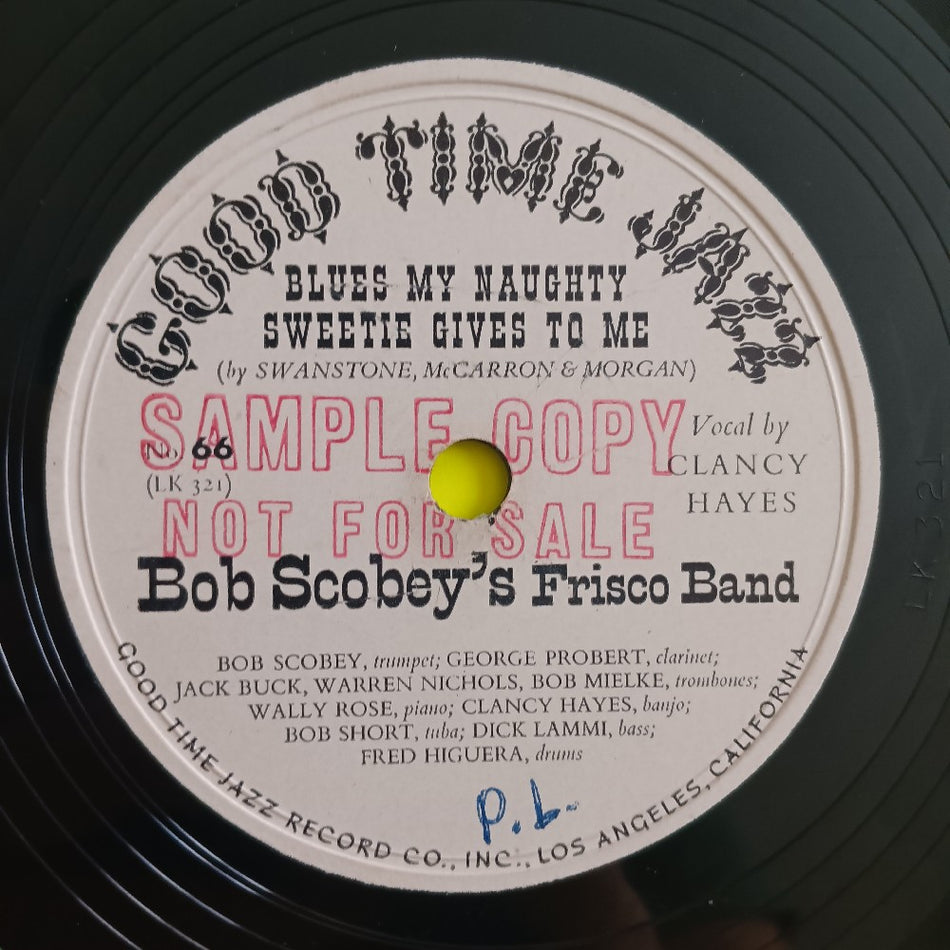 Bob Scobey's Frisco Band - Blues My Naughty Sweetie Gives To Me PROMO 10" 78 - 1952 - Good Time Jazz 66 - Used - VG - Vinyl