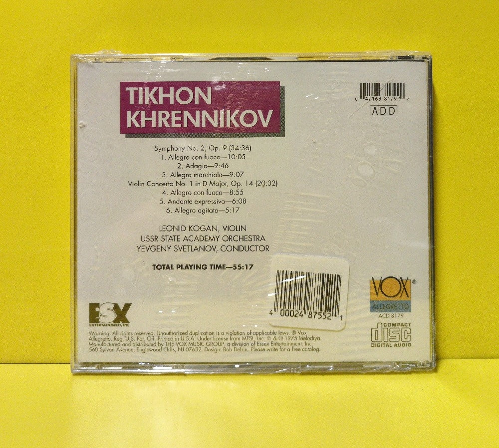 Tikhon Khrennikov – USSR State Academy Orchestra, Leonid Kogan, Yevgeny Svetlanov - Symphony No. 2, Op. 9 • Violin Concerto No. 1 In D Major Op. 14 - 1995 - ACD 8179 - New - Sealed - CDs