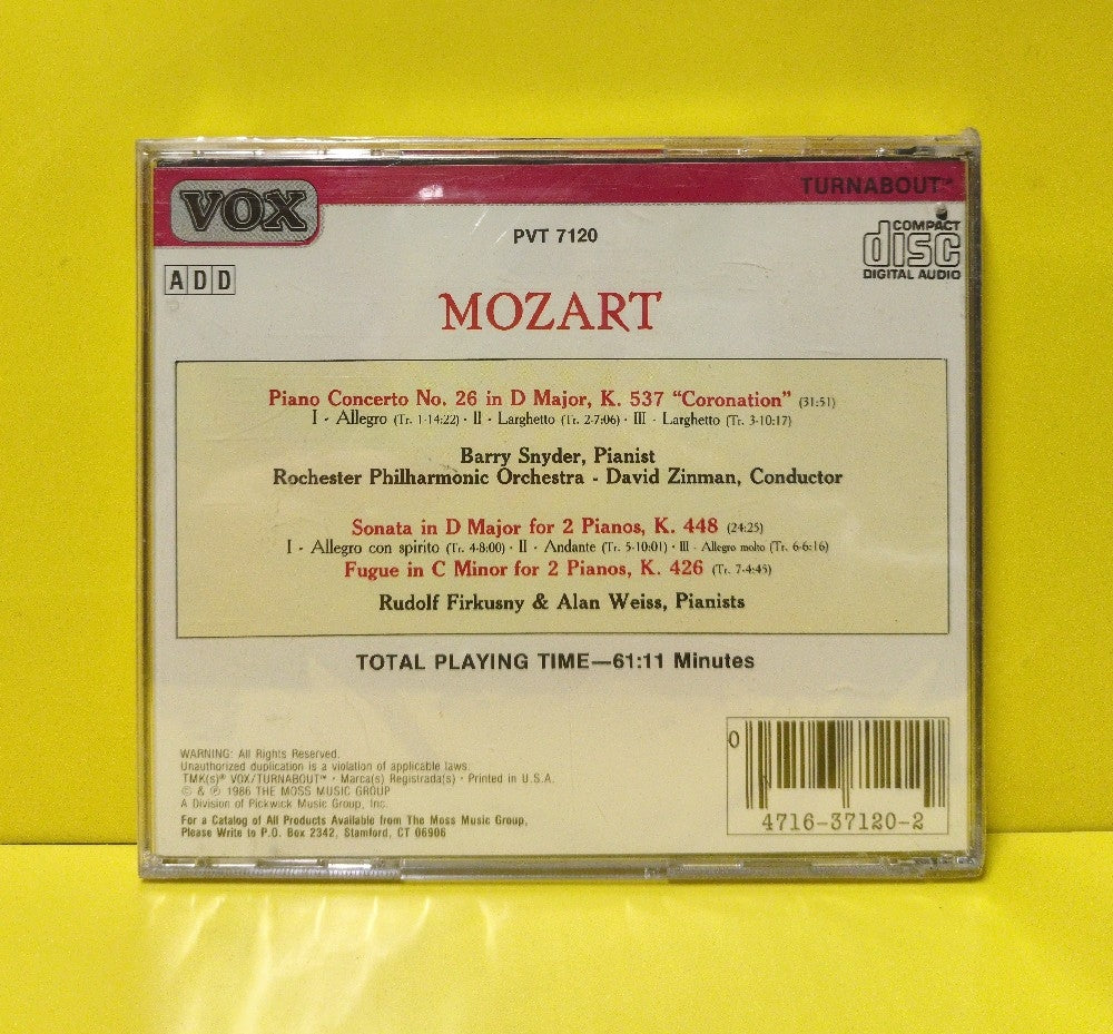 Mozart, Rochester Philharmonic Orchestra, David Zinman - Piano Concerto No. 26 "Coronation" • Sonata For 2 Pianos • Fugue For 2 Pianos - 1986 - PVT 7120 - New - Sealed - CDs