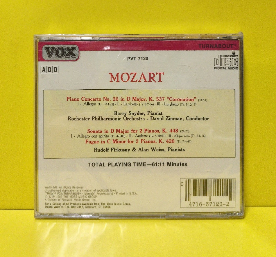 Mozart, Rochester Philharmonic Orchestra, David Zinman - Piano Concerto No. 26 "Coronation" • Sonata For 2 Pianos • Fugue For 2 Pianos - 1986 - PVT 7120 - New - Sealed - CDs