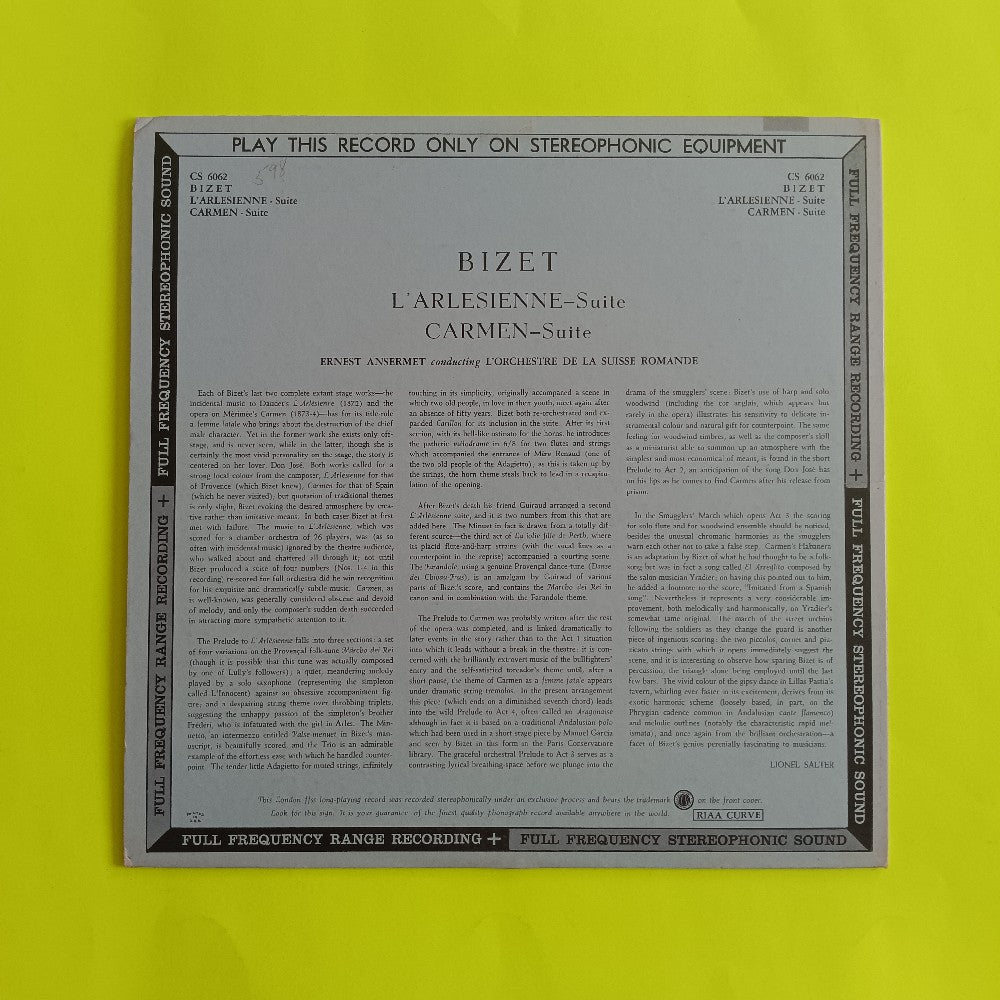 Ernest Ansermet / Bizet - Carmen Suite & L'Arlesienne - 1959 - CS 6062 - Used - VG++ - Vinyl