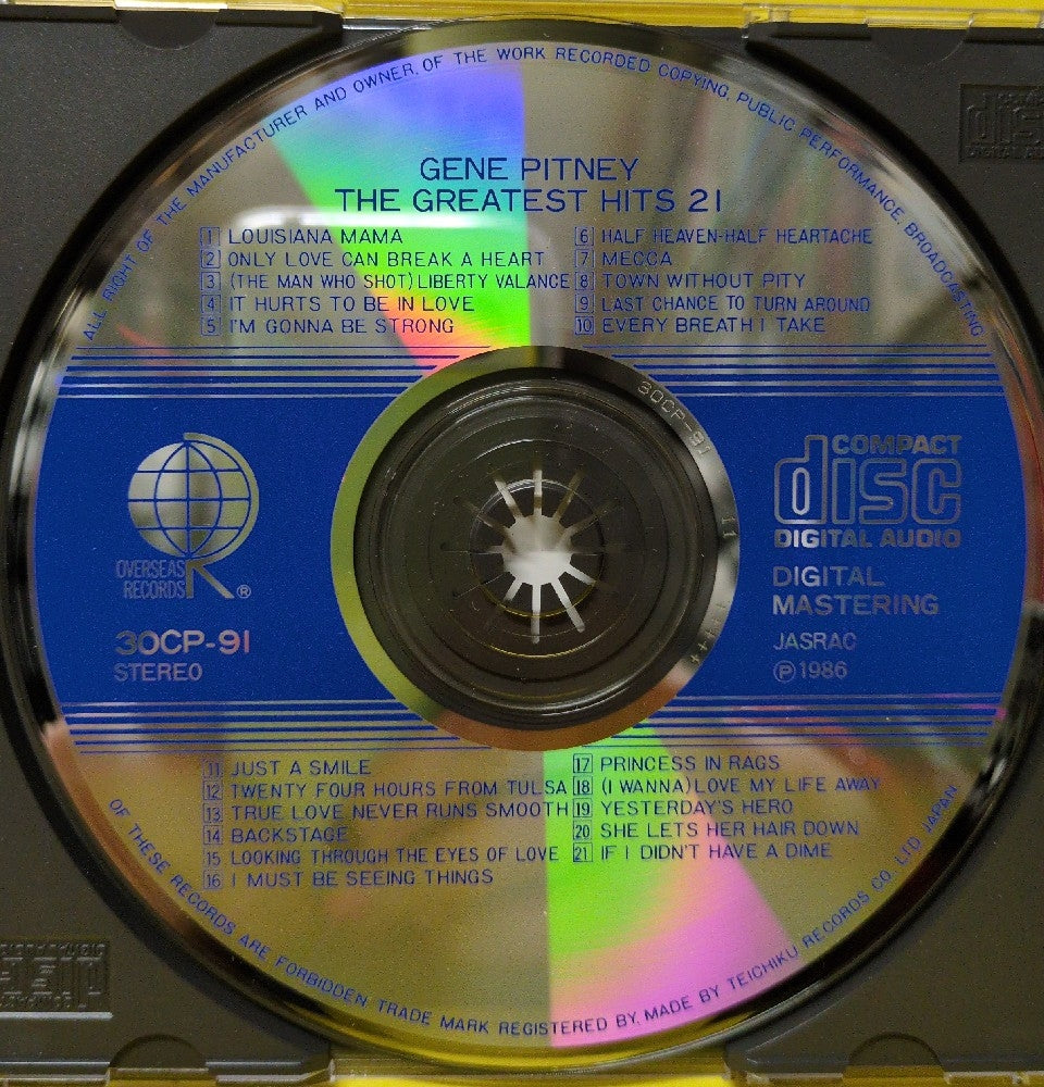 Gene Pitney - The Greatest Hits 21 - 1986 - 30CP-91 - Used - EX - CDs - Japan Import