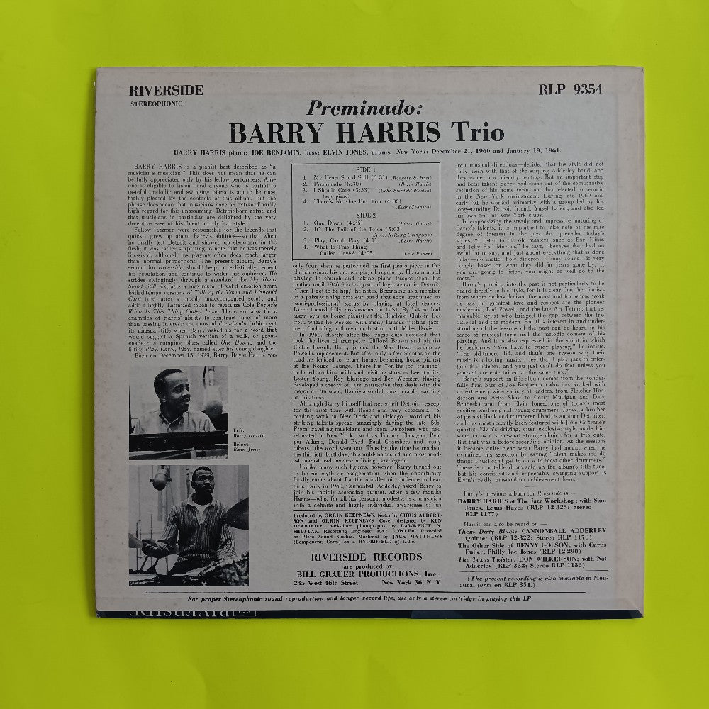 Barry Harris Trio - Preminado OG Deep Groove - 1961 - RLP 9354 - Used - VG++ - Vinyl