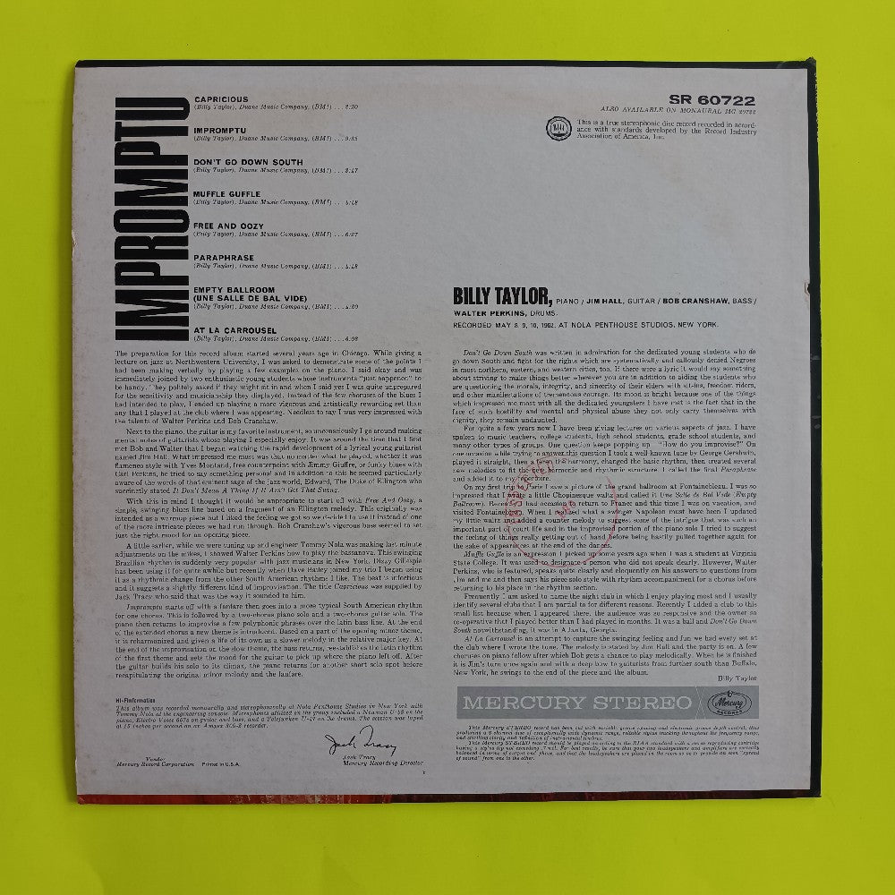 Billy Taylor - Impromptu - 1962 - SR 60722 - Used - VG++ - Vinyl
