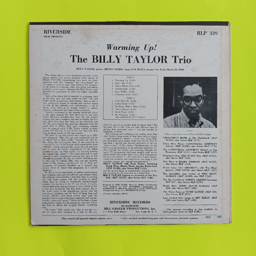 Billy Taylor Trio - Warming Up! OG DG Mono - 1960 - RLP 339 - Used