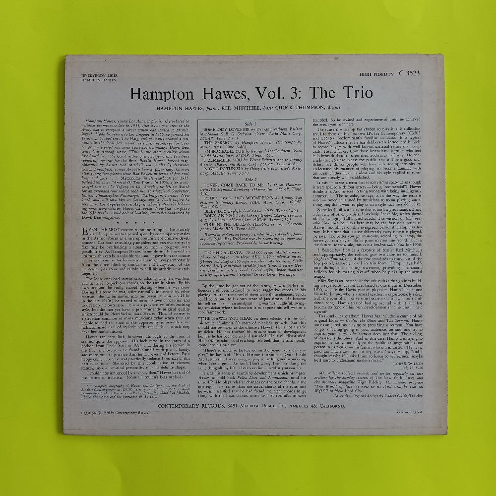Hampton Hawes - Everybody Likes Hampton Hawes Vol. 3 The Trio OG MONO - 1956 - C3523 - Used - VG++ - Vinyl