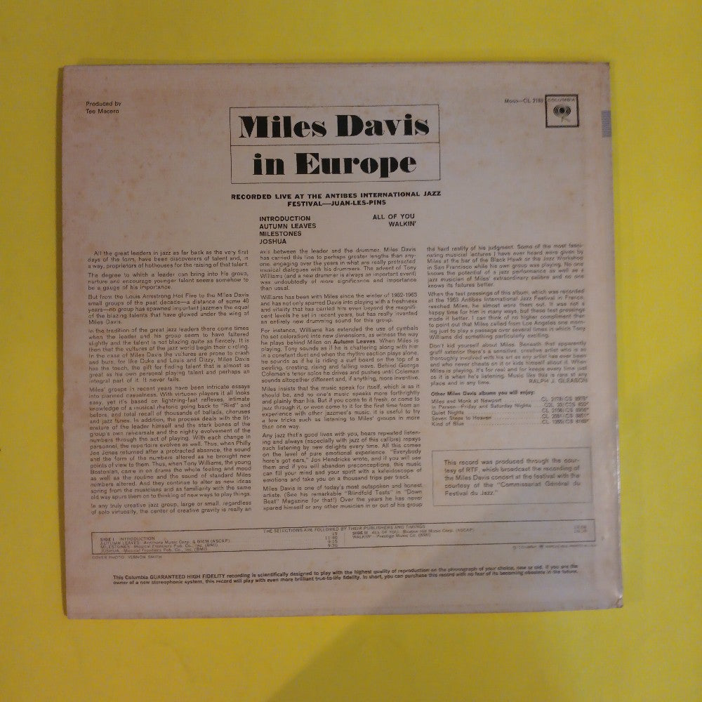 Miles Davis - Miles In Europe OG 2 EYE MONO - 1964 - CL 2183 - Used - EX - Vinyl