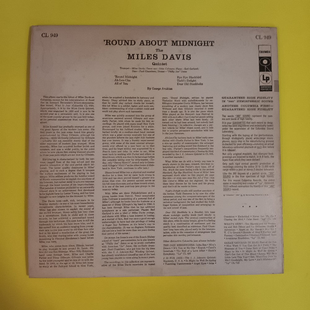 Miles Davis - 'Round About Midnight 6 EYE MONO CBS DG - 1961 - CL 949 - Used - EX - Vinyl