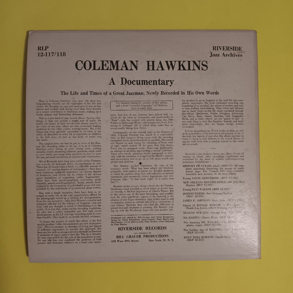 Coleman Hawkins - A Documentary MONO AUTOCOUPLED - 1965 - RLP 12-117/118 - Used - VG++ - Vinyl