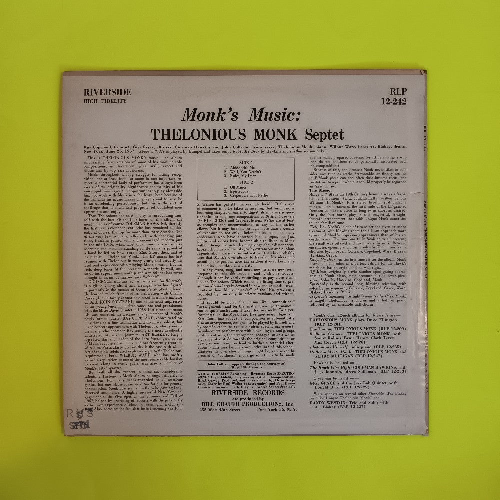 Thelonious Monk Septet - Monk's Music MONO DG - 1960 - RLP 12-242 - Used - VG++ - Vinyl