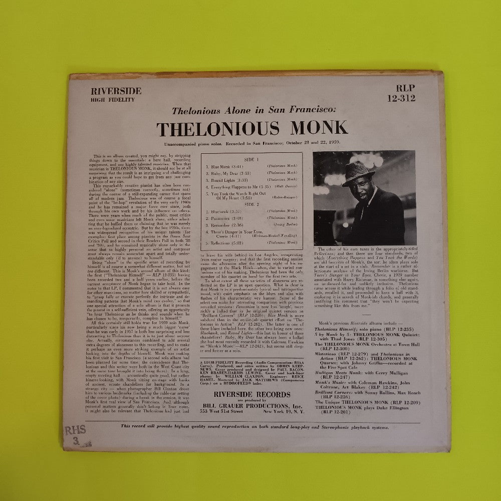Thelonious Monk - Alone In San Francisco OG DG MONO - 1960 - RLP 12-312 - Used - VG++ - Vinyl
