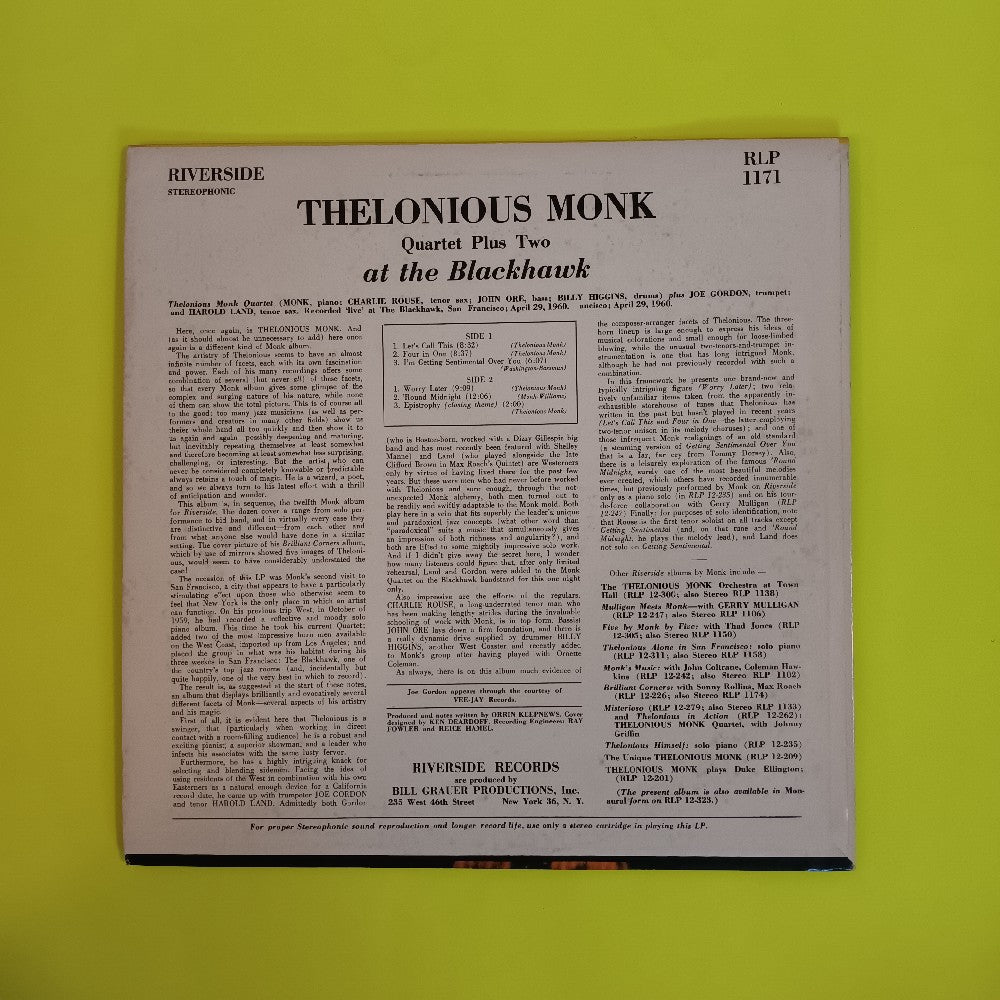 Thelonious Monk  - At The Blackhawk DG Black Label Stereo - 1961 - RS 1171 - Used - VG++ - Vinyl