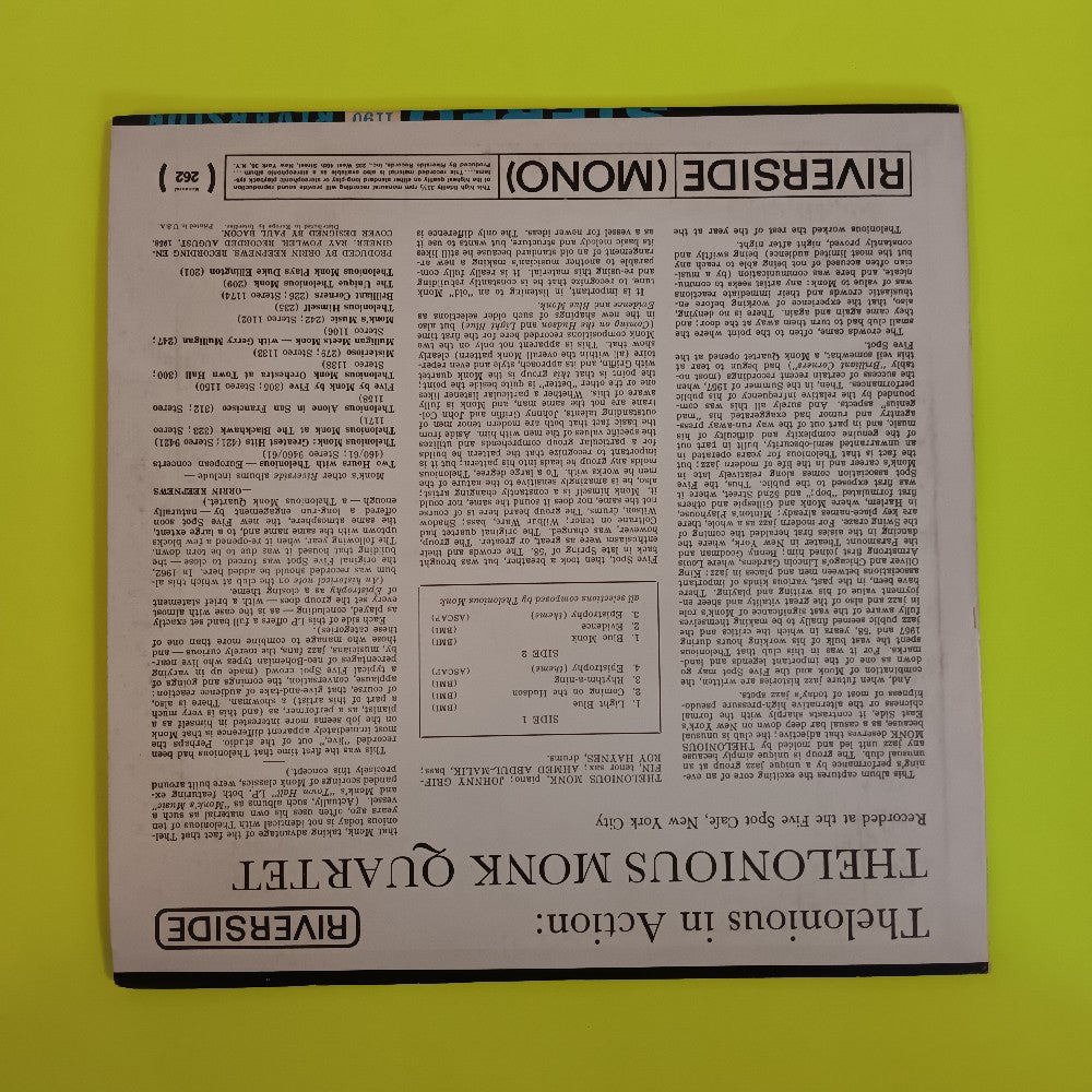 Thelonious Monk Johnny Griffin - Thelonious In Action MONO MISPRINT - 1963 - RLP 12-262 - Used - VG++ - Vinyl
