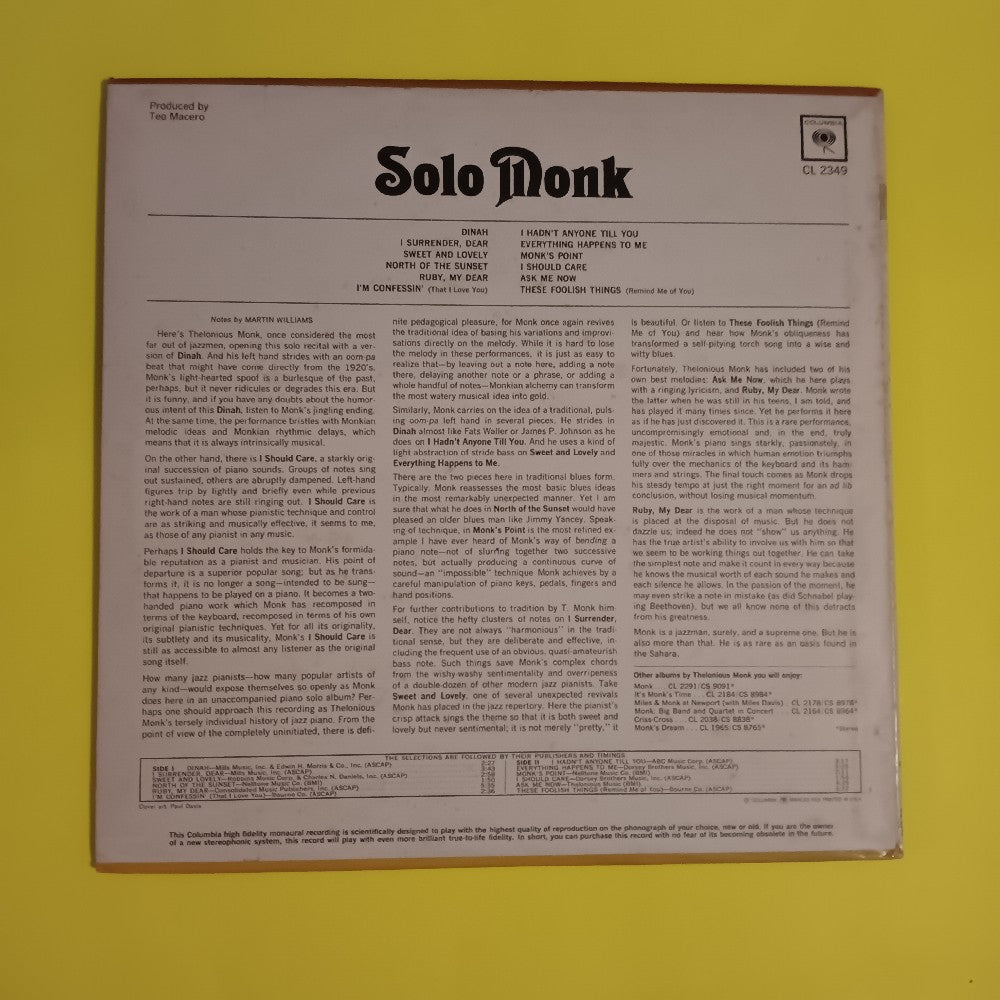 Thelonious Monk - Solo Monk OG 2 EYE MONO - 1965 - CL 2349 - Used - NM - Vinyl