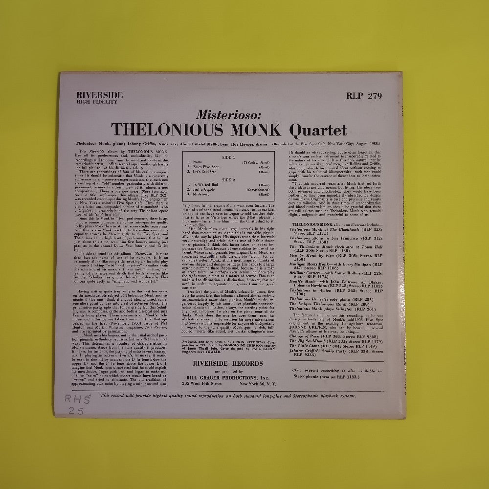 Thelonious Monk Quartet - Misterioso DG MONO - 1960 - RLP 12-279 - Used - VG++ - Vinyl