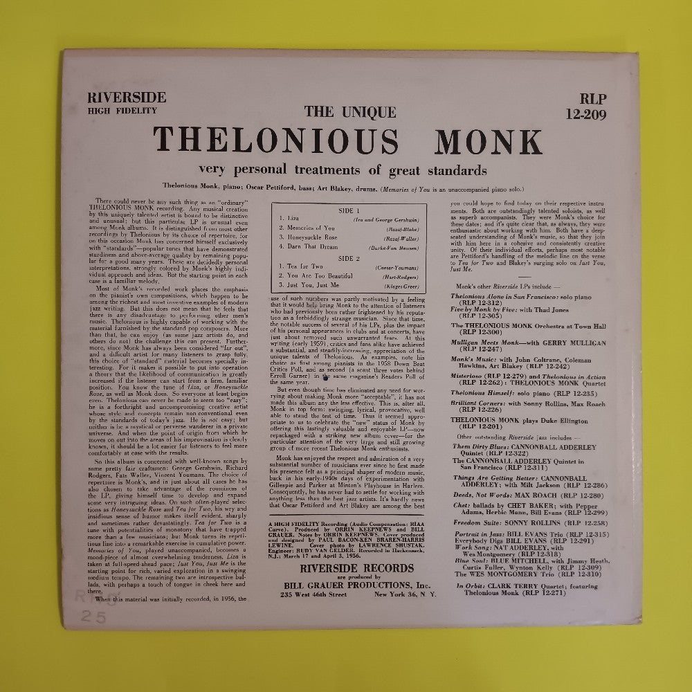 Thelonious Monk - The Unique Thelonious Monk DG MONO - 1961 - RLP 12-209 - Used - VG++ - Vinyl