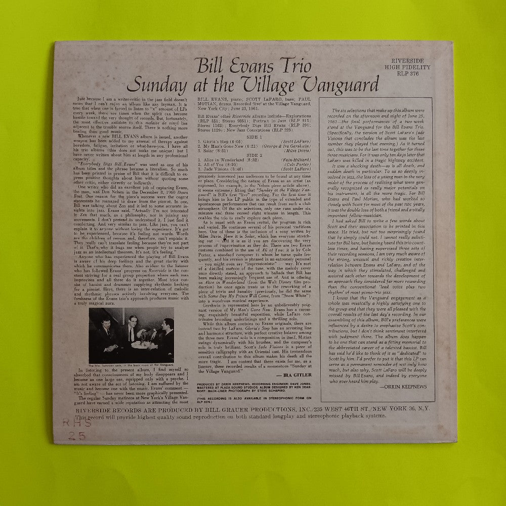 Bill Evans & Scott La Faro - Sunday At The Village Vanguard MONO - 1962 - RM 376 - Used - VG++ - Vinyl
