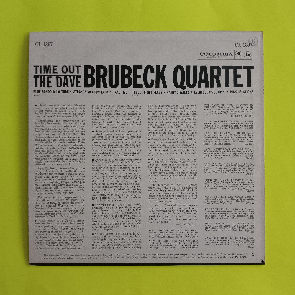 Dave Brubeck Quartet - Time Out 6 EYE MONO CBS - 1961 - CL 1397 - Used - VG++ - Vinyl