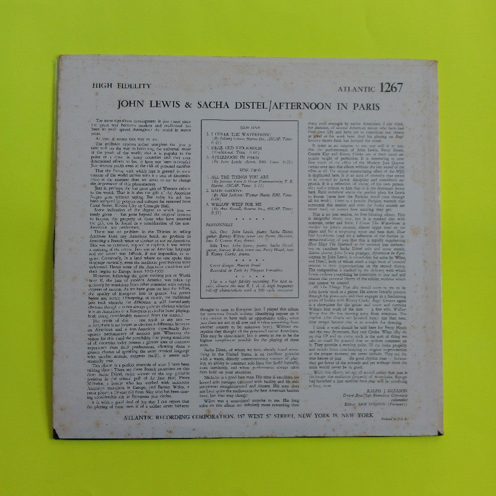 John Lewis & Sacha Distel - Afternoon In Paris OG DG MONO - 1957 - Atlantic 1267 - Used - VG++ - Vinyl