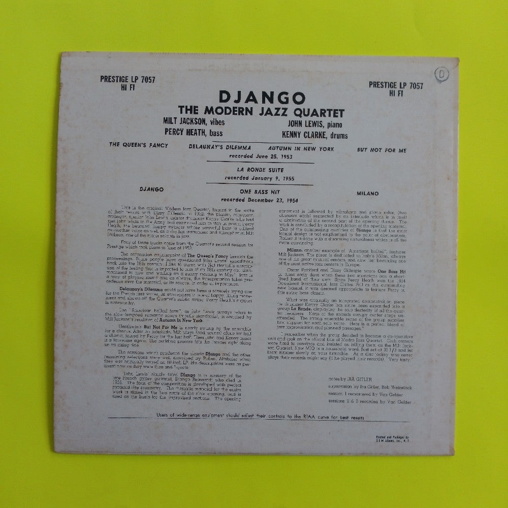 MJQ Modern Jazz Quartet - Django DG Mono Yellow Fireworks Label - 1958 - PRLP 7057 - Used - VG++ - Vinyl