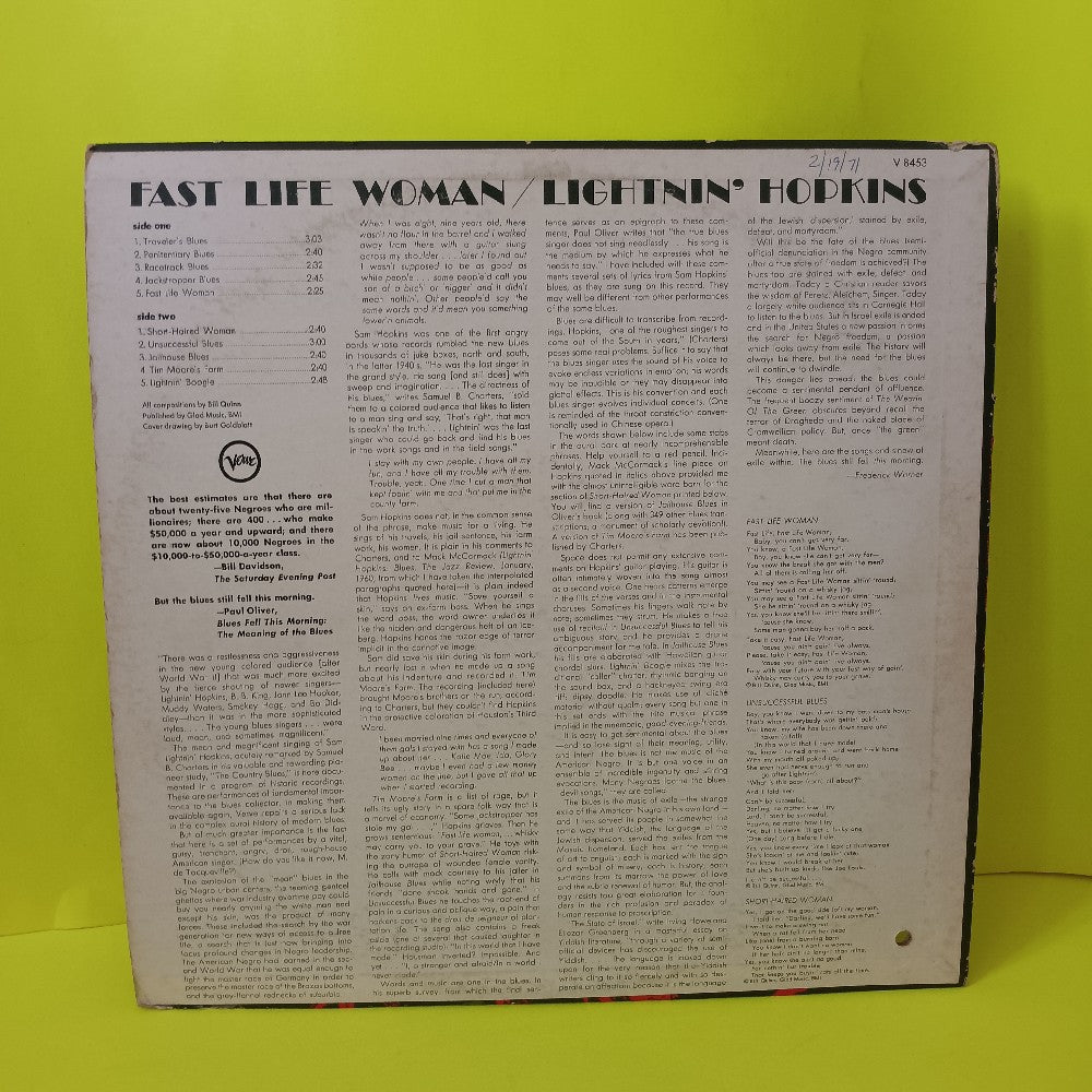 Lightnin Hopkins - Fast Life Woman MONO - 1962 - V-8453 - Used - VG++ - Vinyl