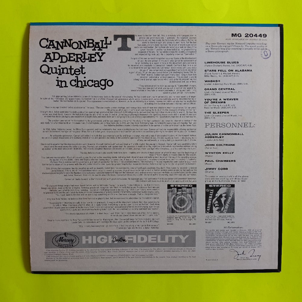 Cannonball Adderley Quintet - In Chicago - 1960 - MG 20449 - Used - VG++ - Vinyl