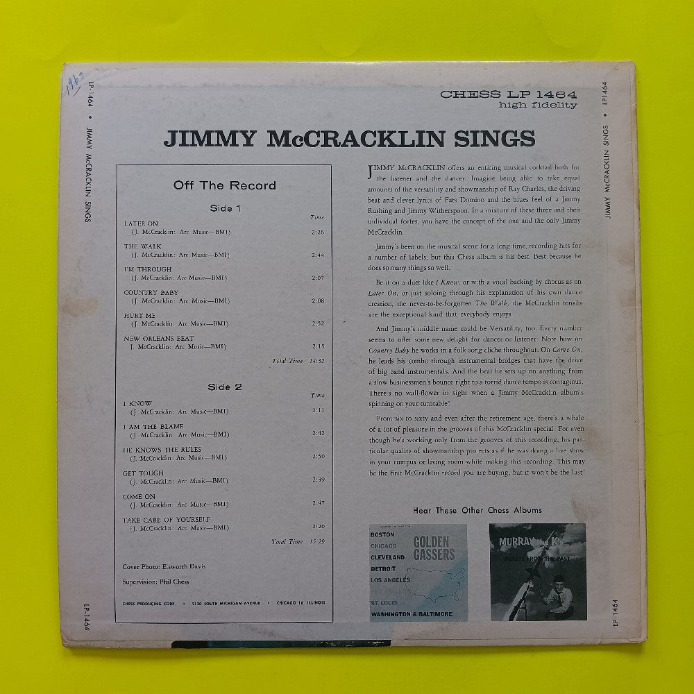 Jimmy McCracklin - Jimmy McCracklin Sings OG - 1962 - Chess Lp 1464 - Used - VG+ - Vinyl
