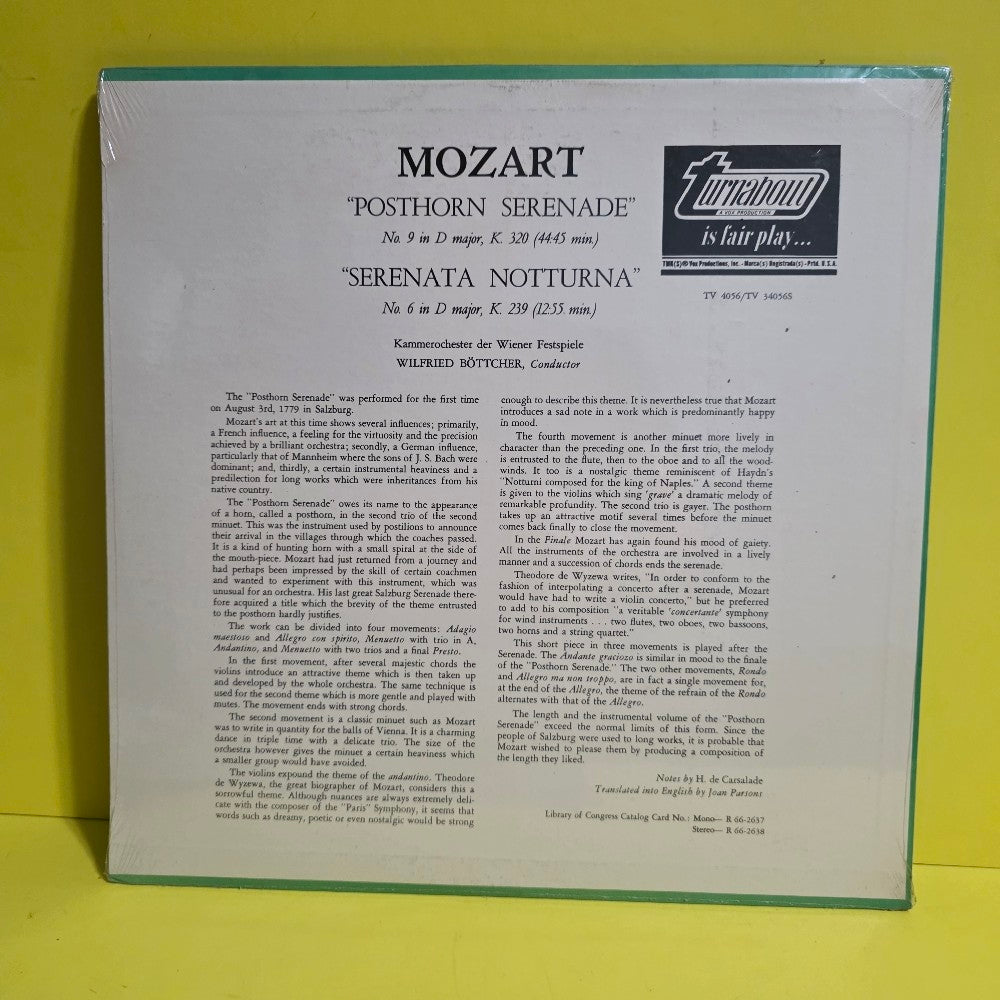 Mozart, Kammerorchester Der Wiener Festspiele - "Posthorn Serenade" No.9 In D Major - TV 34056S - New - Sealed - Vinyl