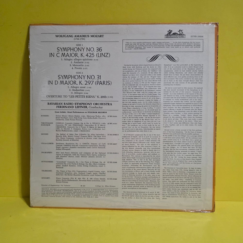 Mozart, Bavarian Radio Symphony, Ferdinand Leitner  - Symphonies No.36,K425 Linz,No.31,K 297 Paris - HS-25034 - New - Sealed - Vinyl