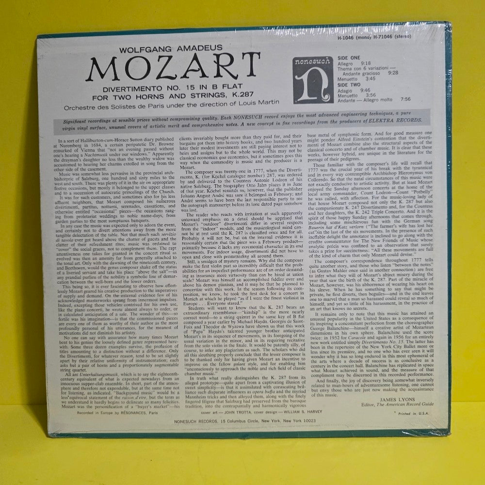 Wolfgang Amadeus Mozart  - Divertimento No.15 B Flat Two Horns And Strings,K.286 - 1965 - H-71047 - New - Sealed - Vinyl