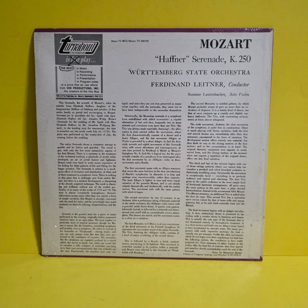 Mozart,  Wurttemberg State Orchestra  - Haffner Serenade,  K. 250 - 1966 - TV 34013S  - New - Sealed - Vinyl
