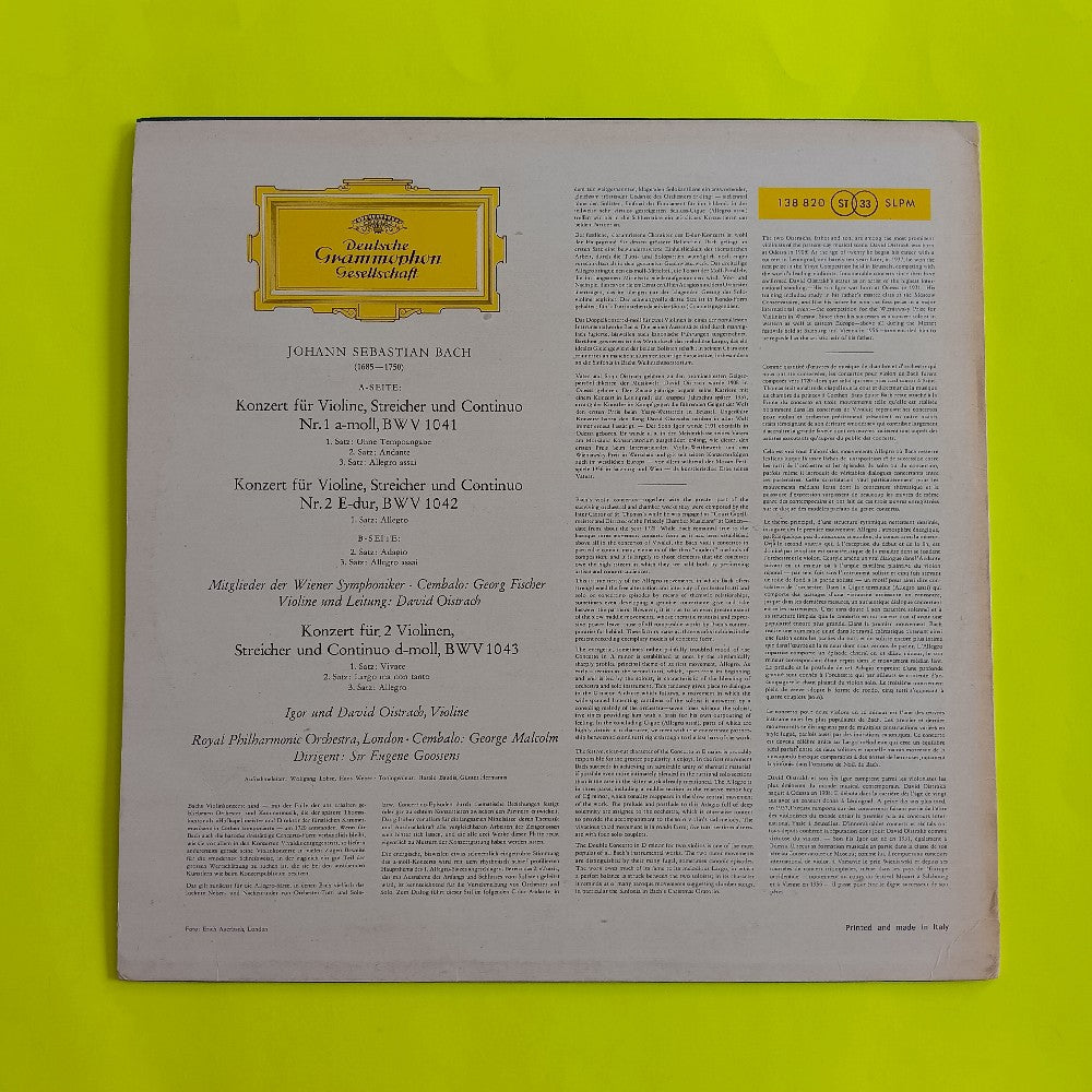 Bach: David & Igor Oistrach - Violin Concerto In A & E ITALY - 138 820 SLPM - Used - VG++ - Vinyl