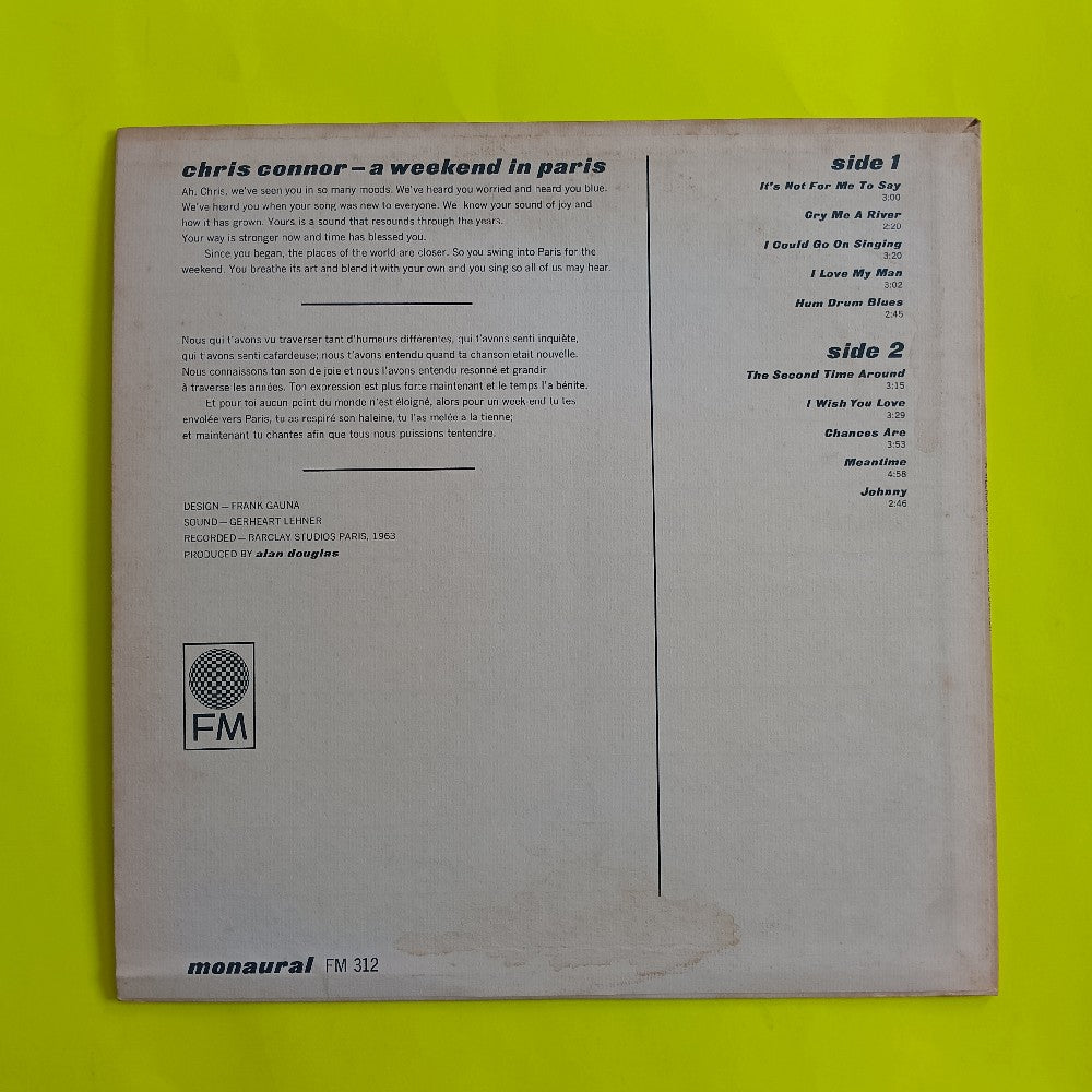 Chris Connor  - A Weekend In Paris OG MONO - 1964 - FM 312 - Used - EX - Vinyl