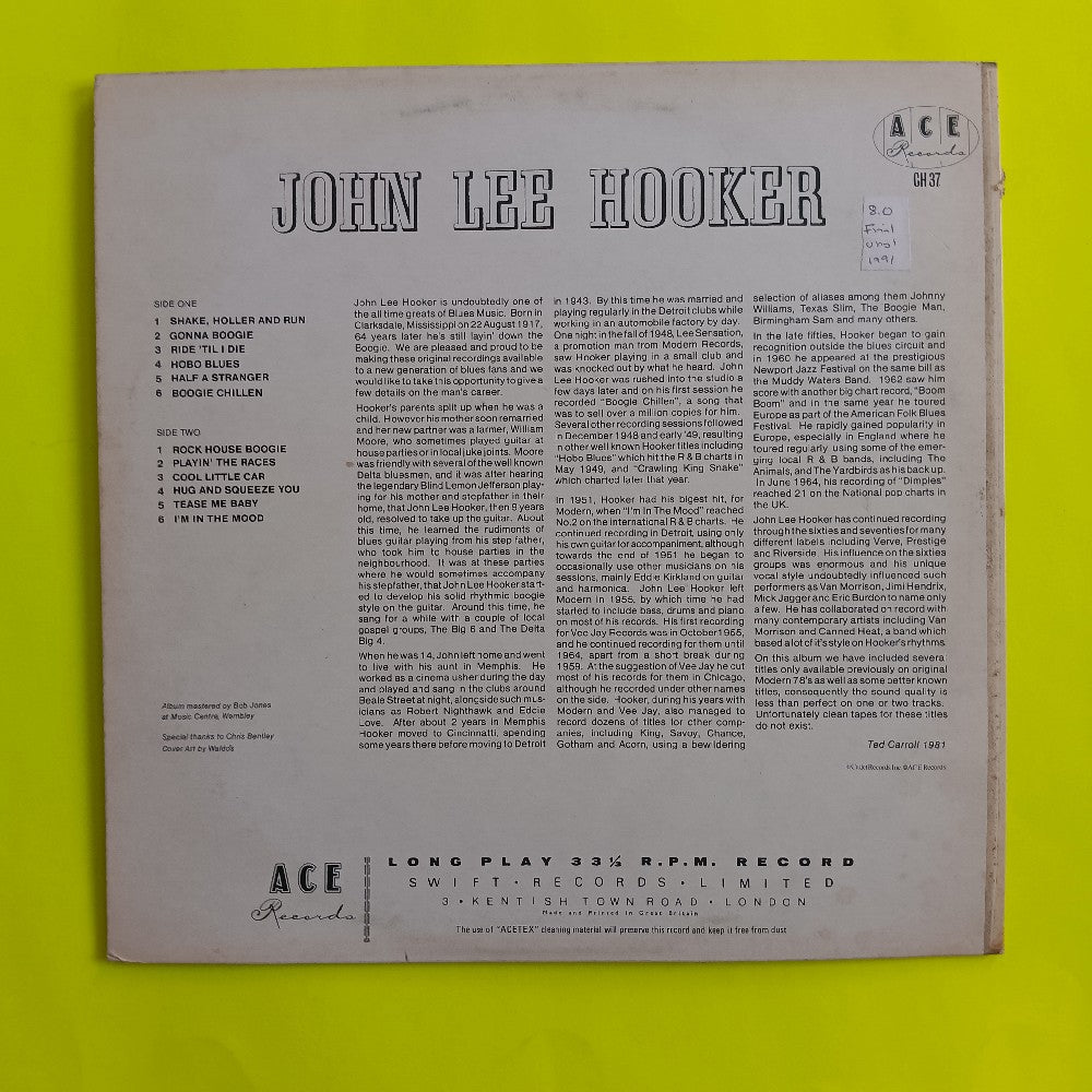 John Lee Hooker - Volume One UK - 1981 - CH 37 - Used - VG++ - Vinyl
