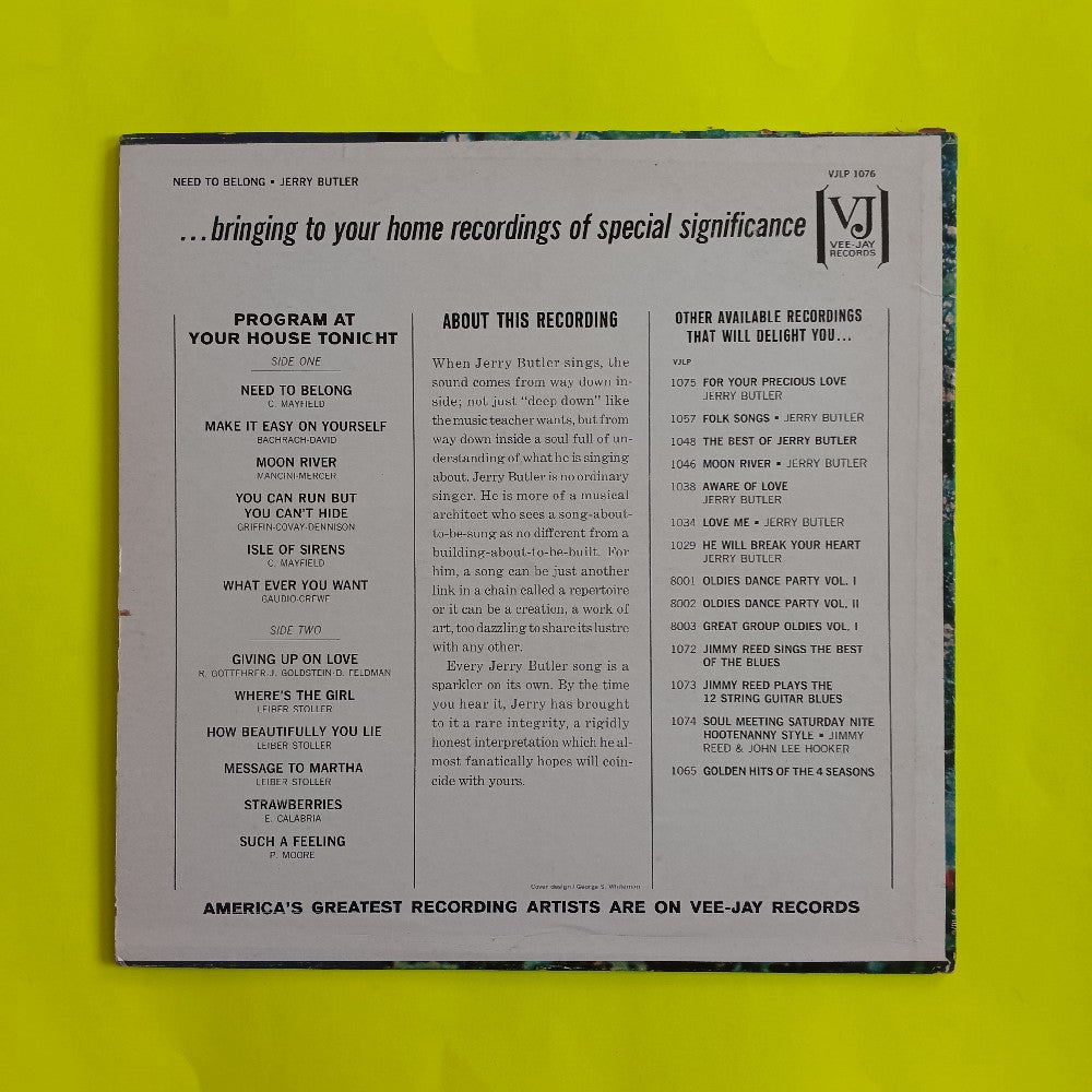 Jerry Butler - Need To Belong MONO PROMO - 1963 - VJLP 1076 - Used - VG+ - Vinyl