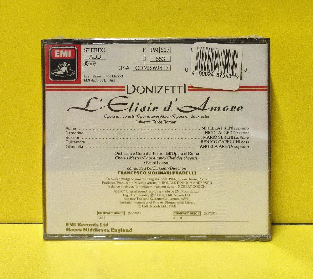 Donizetti - Molinari-Pradelli, Freni, Gedda, Sereni, Capecchi, Arena, Orchestra E Coro Del Teatro Dell'Opera Di Roma - L'Elisir D'Amore - 1988 - CMS 7 698972 - New - Sealed - CDs - 2xCD Set - Reissue