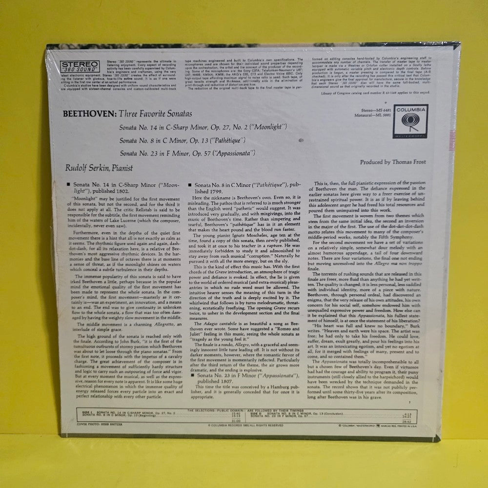 Serkin / Beethoven  - Three Favorite Sonatas  - 1963 - MS 6481 - New - Sealed - Vinyl