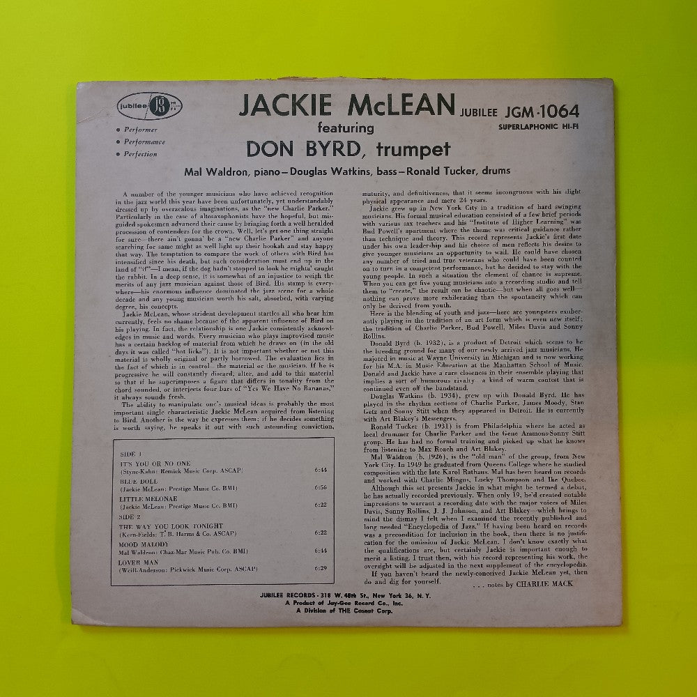Jackie McLean Quintet - Self Titled MONO Black Label - 1960 - JGM 1064 - Used - VG+ - Vinyl