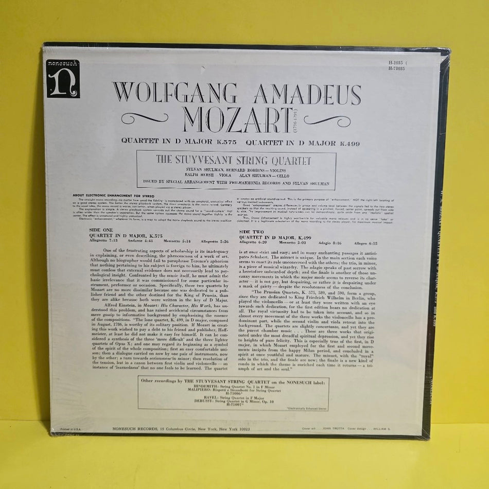 Mozart- The Stuyvesant String Quartet  - Quartet In D Major K.575; K.575 - 1966 - H-71035 - New - Sealed - Vinyl
