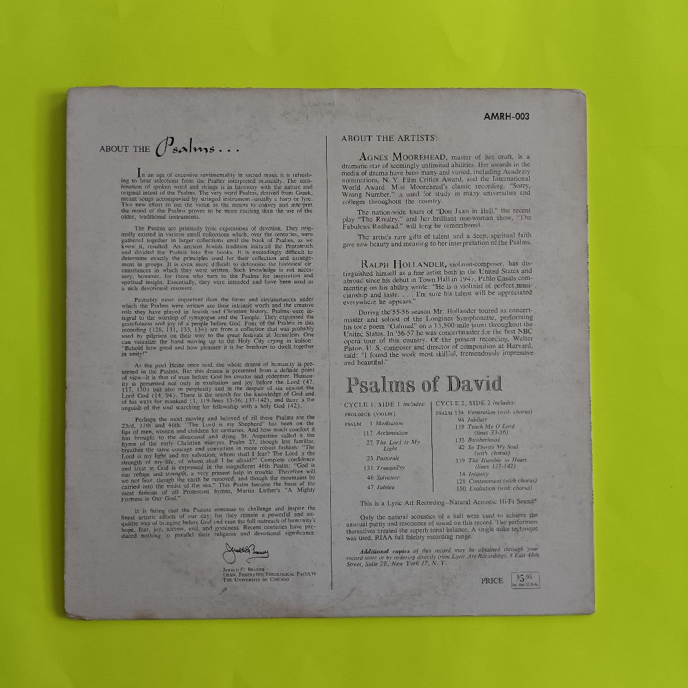 Agnes Moorehead / Ralph Hollander AUTOGRAPHED - The Psalms Of David - AMRH-003 - Used - VG++ - Vinyl