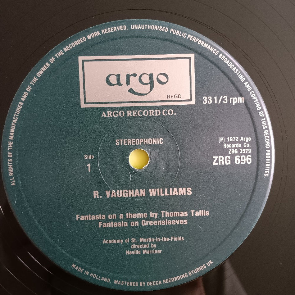 Vaughan Williams / Neville Marriner - Fantasia On A Theme HOLLAND - 1972 - ZRG 696 - Used - NM - Vinyl