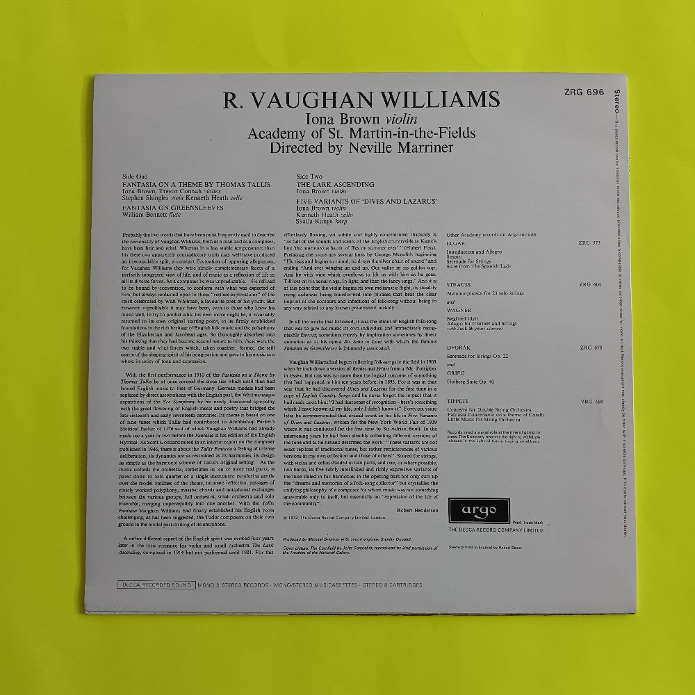 Vaughan Williams / Neville Marriner - Fantasia On A Theme HOLLAND - 1972 - ZRG 696 - Used - NM - Vinyl